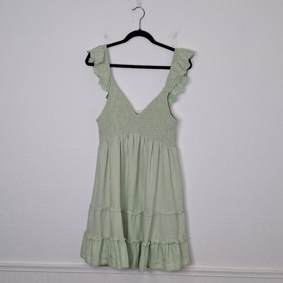 May Berries Linen Midi Dress Sz L Smocked Tiered Skirt Eyelet Lace Cottagecore - Picture 1 of 15